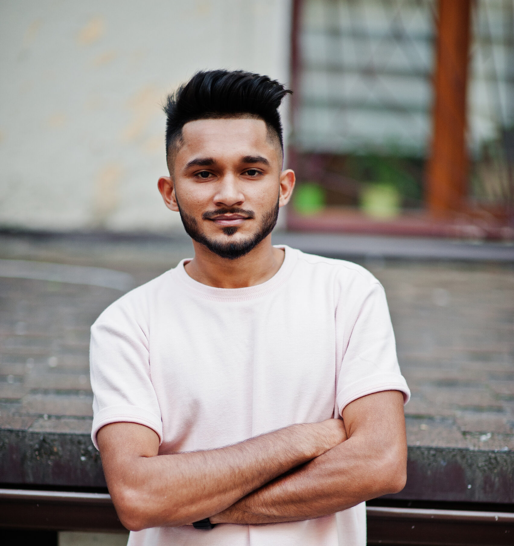 stylish indian beard man pink tshirt india model posed outdoor streets city scaled